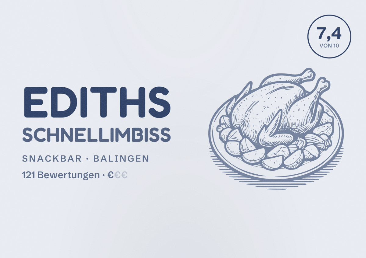 Illustriertes Poster von Ediths Schnellimbiss, Snackbar in Balingen: Bewertung 7,4 von 10 aus 121 Bewertungen, Preisniveau €