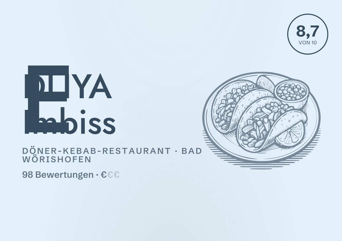 Illustriertes Poster von EDLIYA Imbiss, Döner-Kebab-Restaurant in Bad Wörishofen: Bewertung 8,7 von 10 aus 98 Bewertungen, Preisniveau €