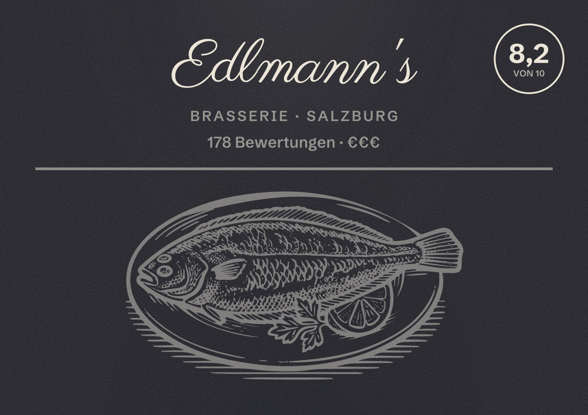 Illustriertes Poster von Edlmann's, Brasserie in Salzburg: Bewertung 8,2 von 10 aus 178 Bewertungen, Preisniveau €€€