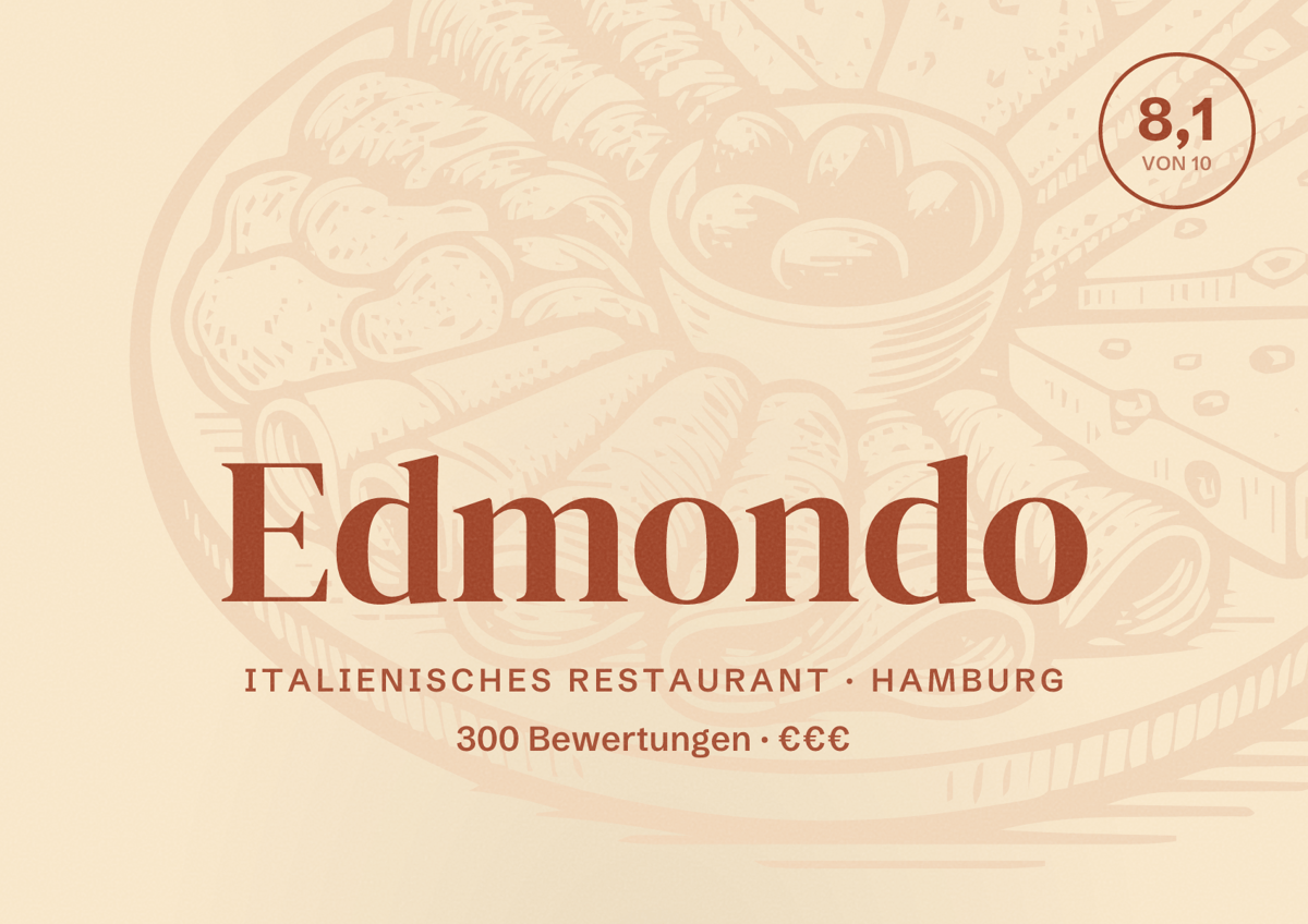 Illustriertes Poster von Edmondo, Italienisches Restaurant in Hamburg: Bewertung 8,1 von 10 aus 300 Bewertungen, Preisniveau €€€