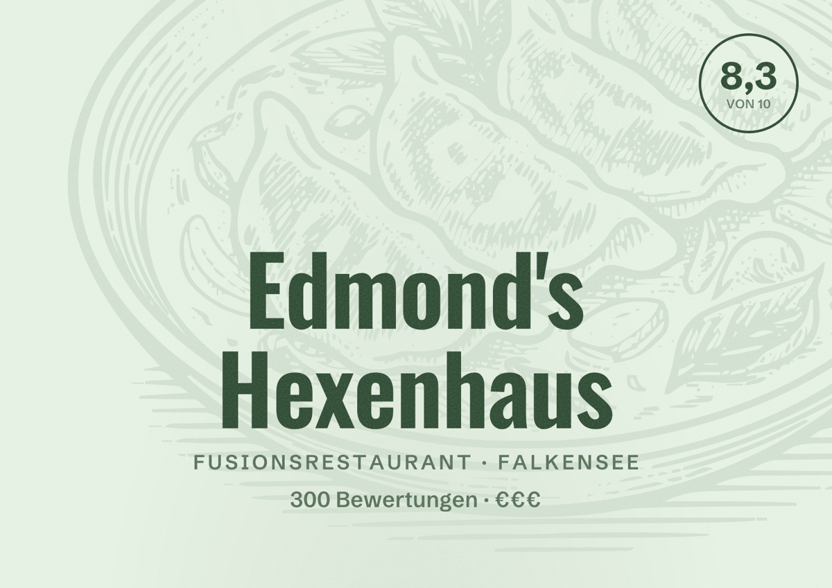 Illustriertes Poster von Edmond's Hexenhaus, Fusionsrestaurant in Falkensee: Bewertung 8,3 von 10 aus 300 Bewertungen, Preisniveau €€€