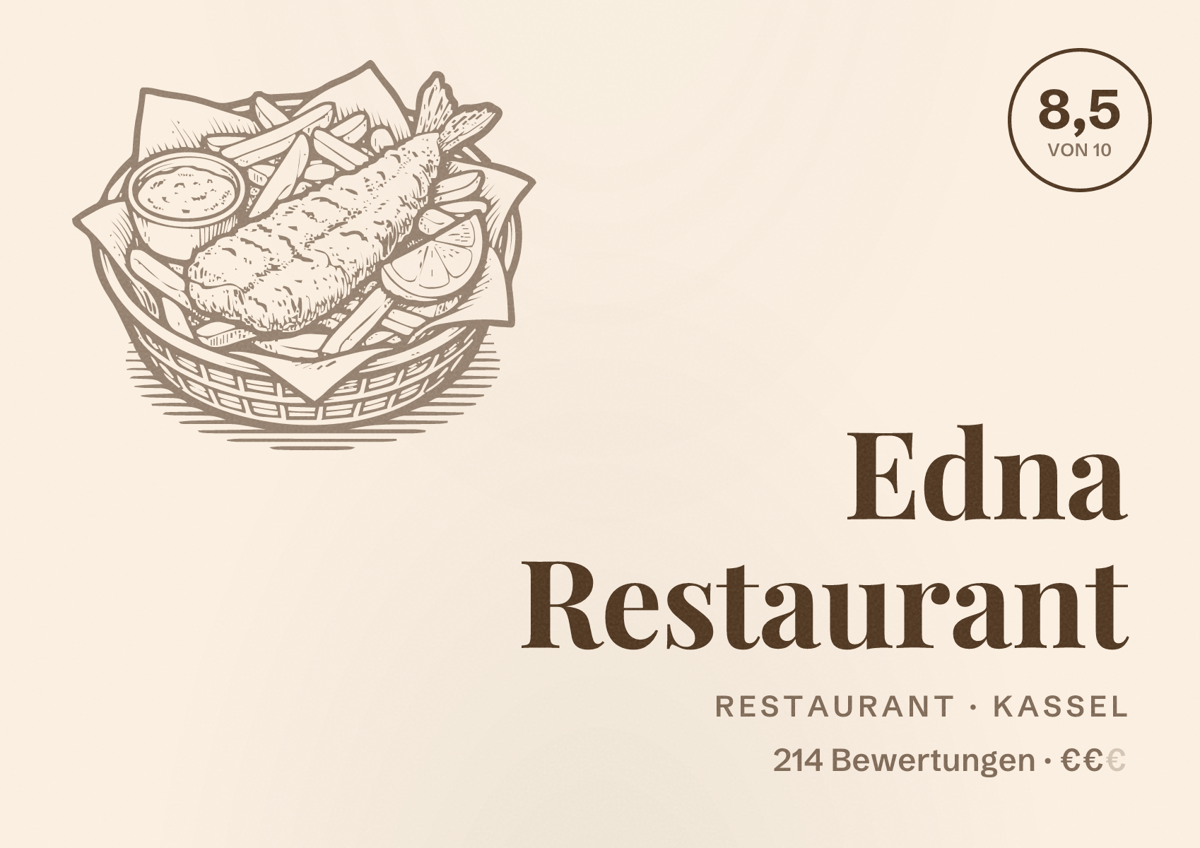 Illustriertes Poster von Edna Restaurant, Restaurant in Kassel: Bewertung 8,5 von 10 aus 214 Bewertungen, Preisniveau €€