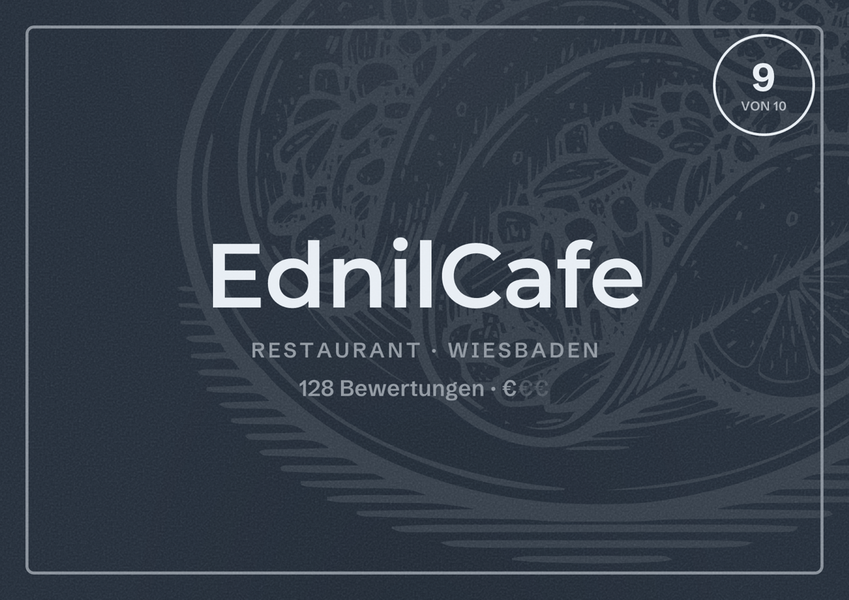 Illustriertes Poster von EdnilCafe, Restaurant in Wiesbaden: Bewertung 9,0 von 10 aus 128 Bewertungen, Preisniveau €