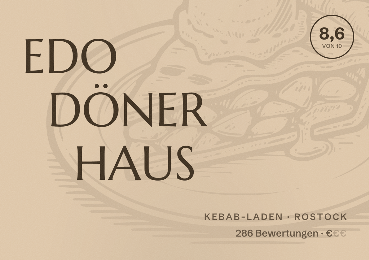 Illustriertes Poster von EDO DÖNER HAUS, Kebab-Laden in Rostock: Bewertung 8,6 von 10 aus 286 Bewertungen, Preisniveau €
