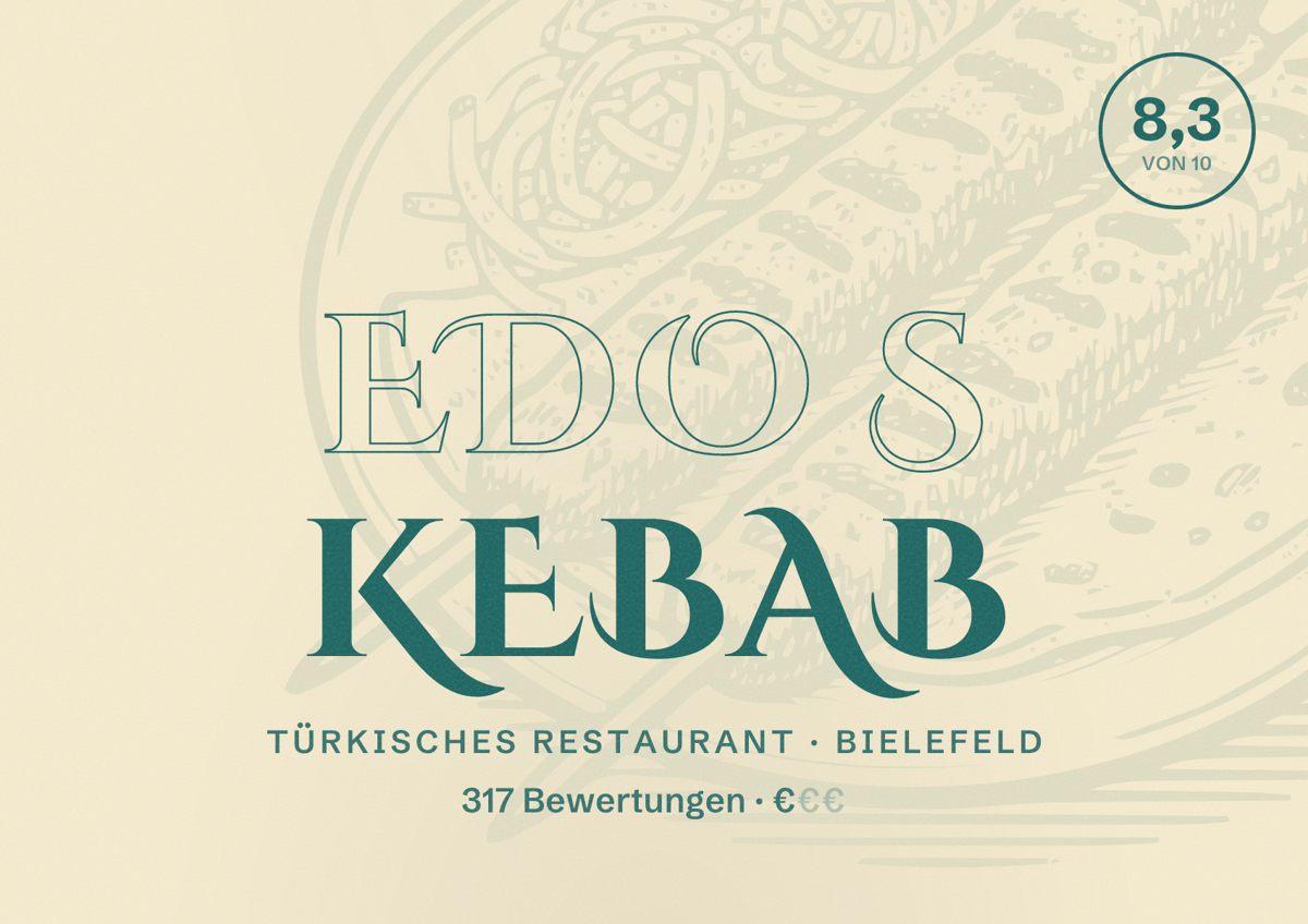 Illustriertes Poster von EDO S KEBAB, Türkisches Restaurant in Bielefeld: Gästebewertung 8,3 von 10 aus 317 Bewertungen