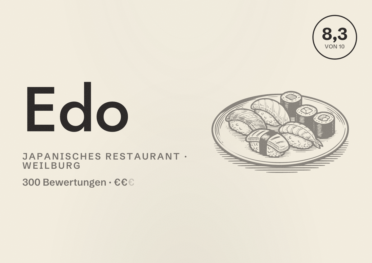 Illustriertes Poster von Edo, Japanisches Restaurant in Weilburg: Bewertung 8,3 von 10 aus 300 Bewertungen, Preisniveau €€