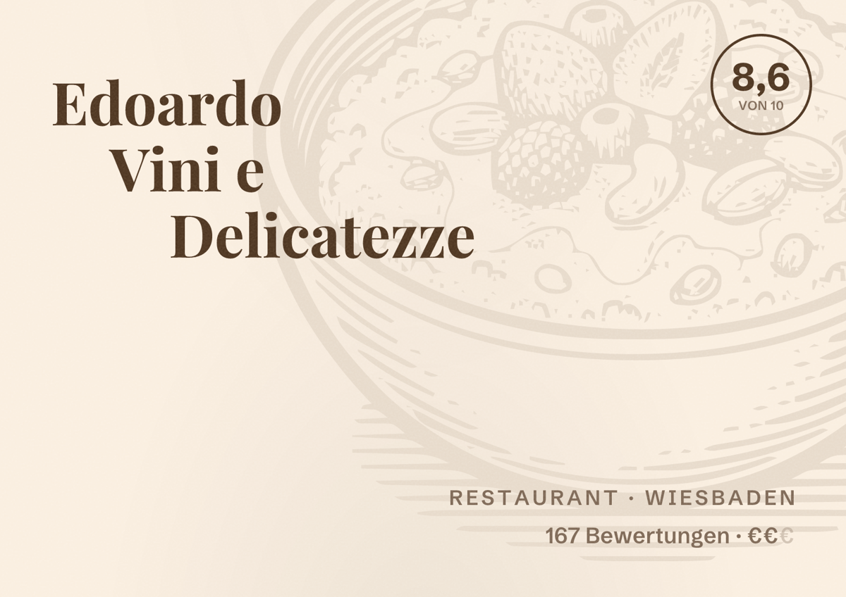 Illustriertes Poster von Edoardo Vini e Delicatezze, Restaurant in Wiesbaden: Bewertung 8,6 von 10 aus 167 Bewertungen, Preisniveau €€