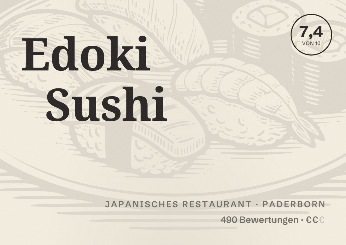 Illustriertes Poster von Edoki Sushi, Japanisches Restaurant in Paderborn: Bewertung 7,4 von 10 aus 490 Bewertungen, Preisniveau €€