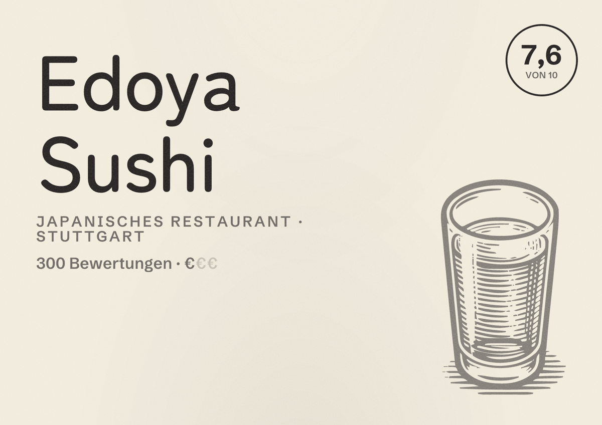 Illustriertes Poster von Edoya Sushi, Japanisches Restaurant in Stuttgart: Bewertung 7,6 von 10 aus 300 Bewertungen, Preisniveau €