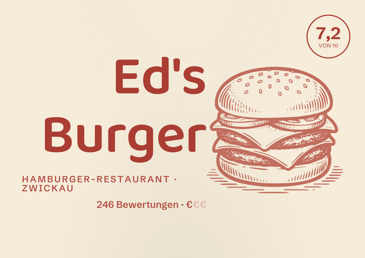 Illustriertes Poster von Ed's Burger, Hamburger-Restaurant in Zwickau: Bewertung 7,2 von 10 aus 246 Bewertungen, Preisniveau €