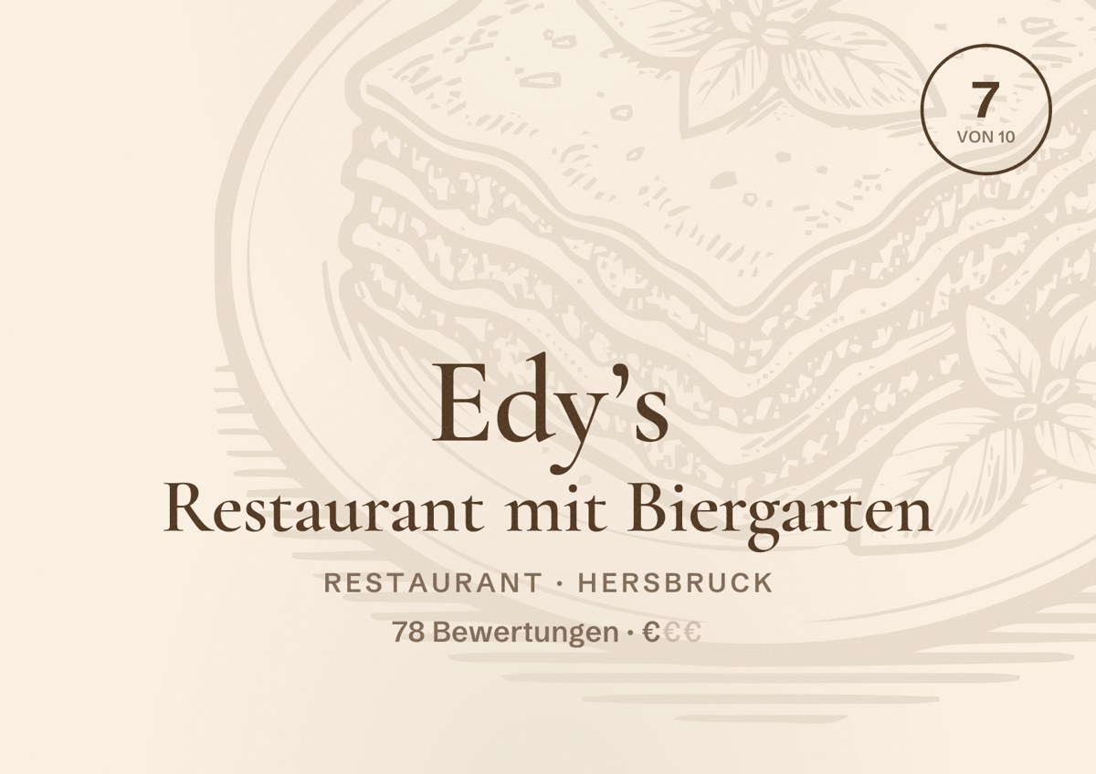 Illustriertes Poster von Edy’s Restaurant mit Biergarten, Restaurant in Hersbruck: Bewertung 7 von 10 aus 78 Bewertungen, Preisniveau €