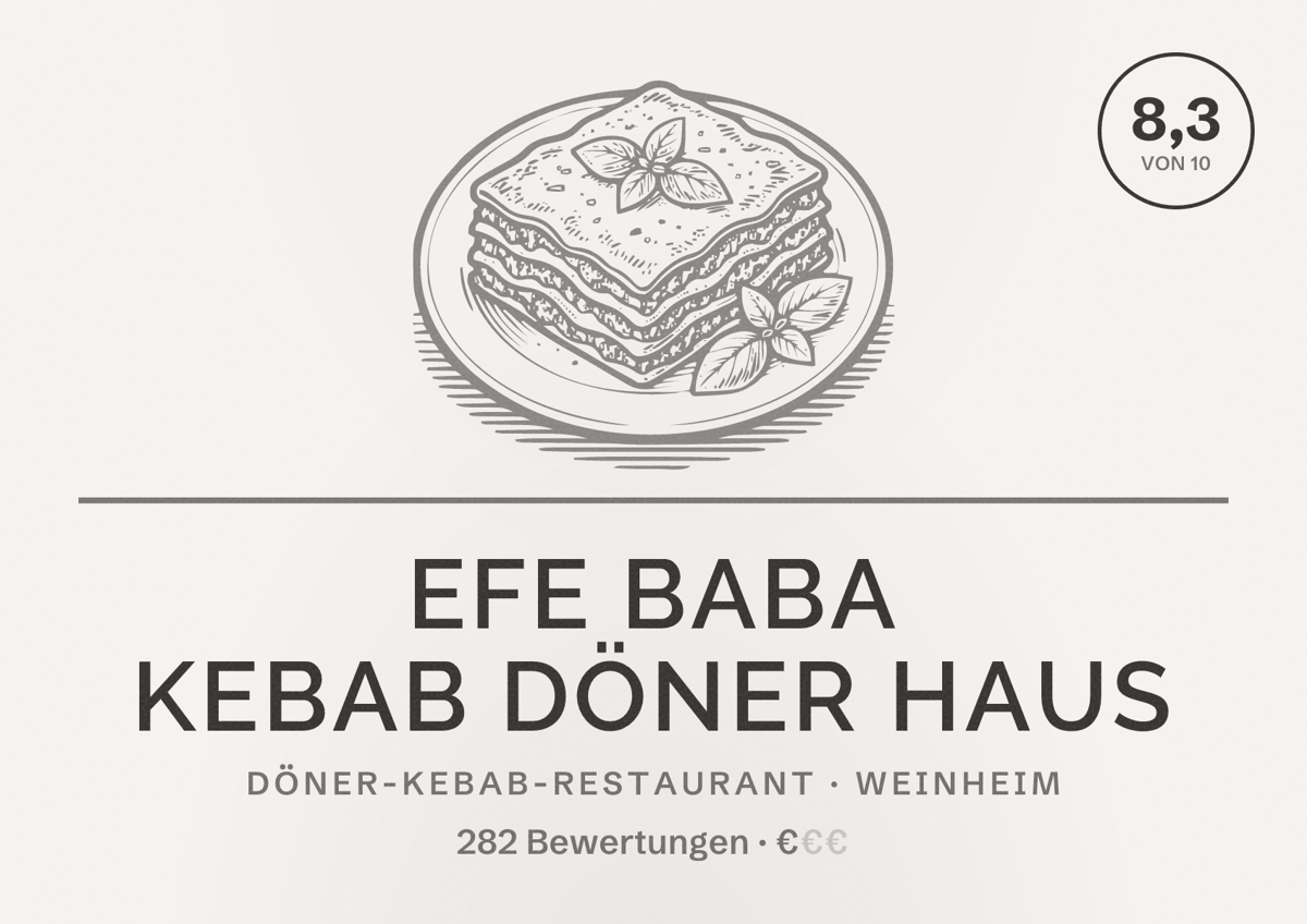 Illustriertes Poster von Efe Baba Kebab Döner Haus, Döner-Kebab-Restaurant in Weinheim: Bewertung 8,3 von 10 aus 282 Bewertungen, Preisniveau €