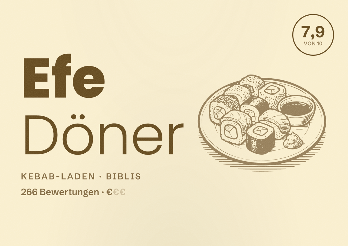 Illustriertes Poster von Efe Döner, Kebab-Laden in Biblis: Bewertung 7,9 von 10 aus 266 Bewertungen, Preisniveau €