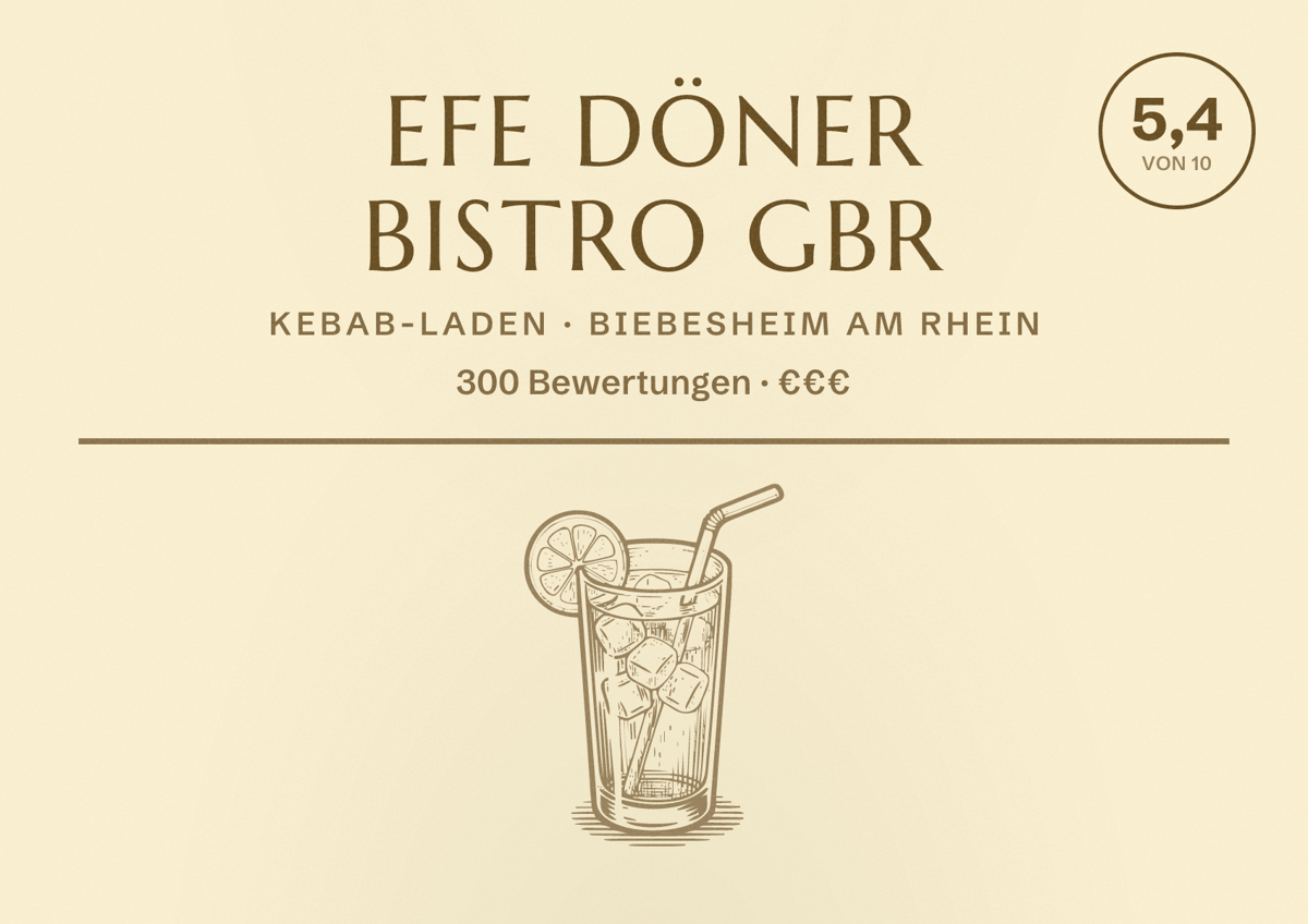 Illustriertes Poster von Efe Döner Bistro GbR, Kebab-Laden in Biebesheim am Rhein: Bewertung 5,4 von 10 aus 300 Bewertungen, Preisniveau €€€