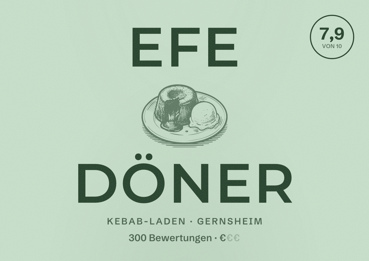 Illustriertes Poster von Efe Döner, Kebab-Laden in Gernsheim: Bewertung 7,9 von 10 aus 300 Bewertungen, Preisniveau €