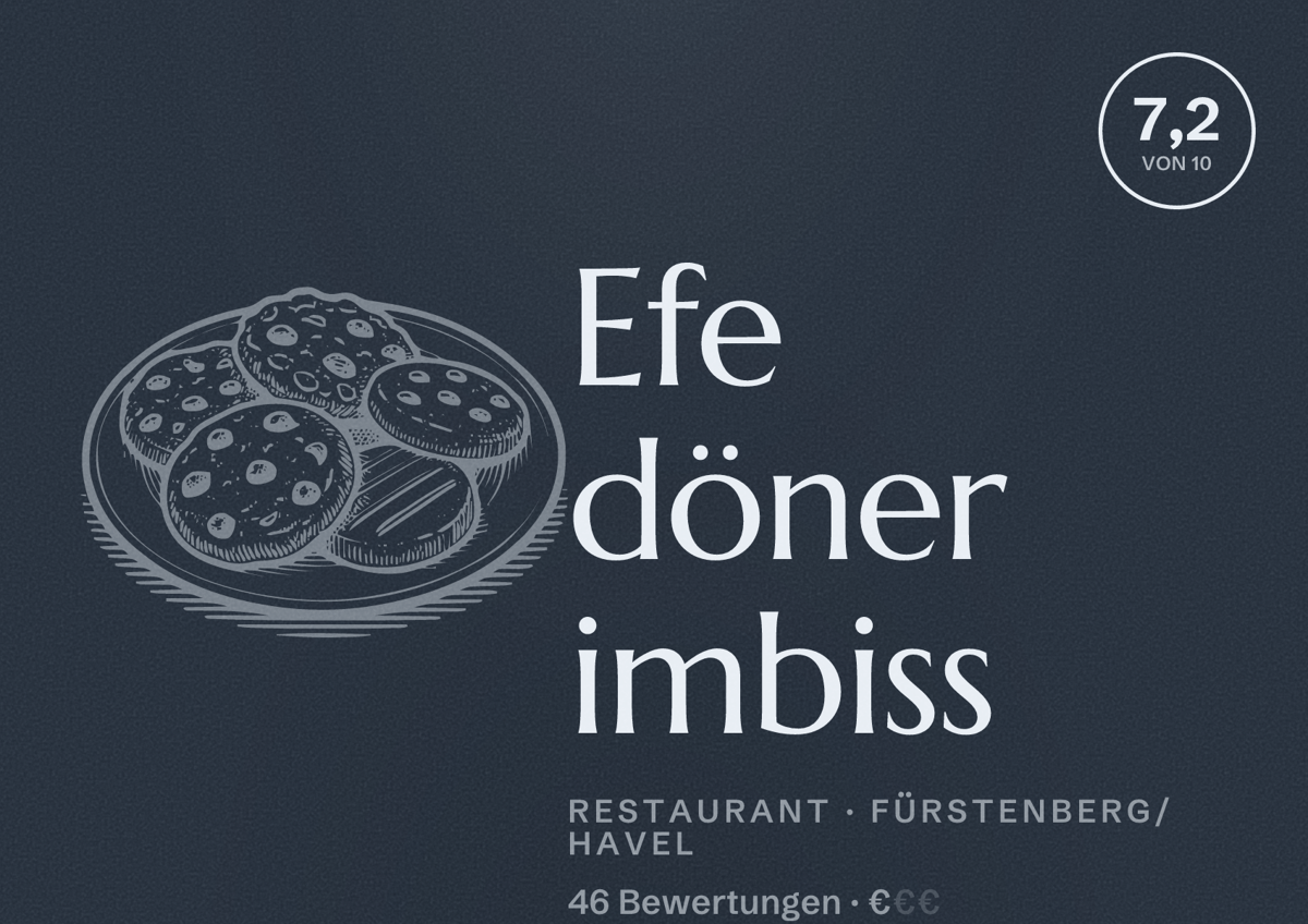 Illustriertes Poster von Efe döner imbiss, Restaurant in Fürstenberg/Havel: Bewertung 7,2 von 10 aus 46 Bewertungen, Preisniveau €