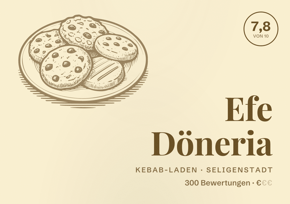 Illustriertes Poster von Efe Döneria, Kebab-Laden in Seligenstadt: Bewertung 7,8 von 10 aus 300 Bewertungen, Preisniveau €