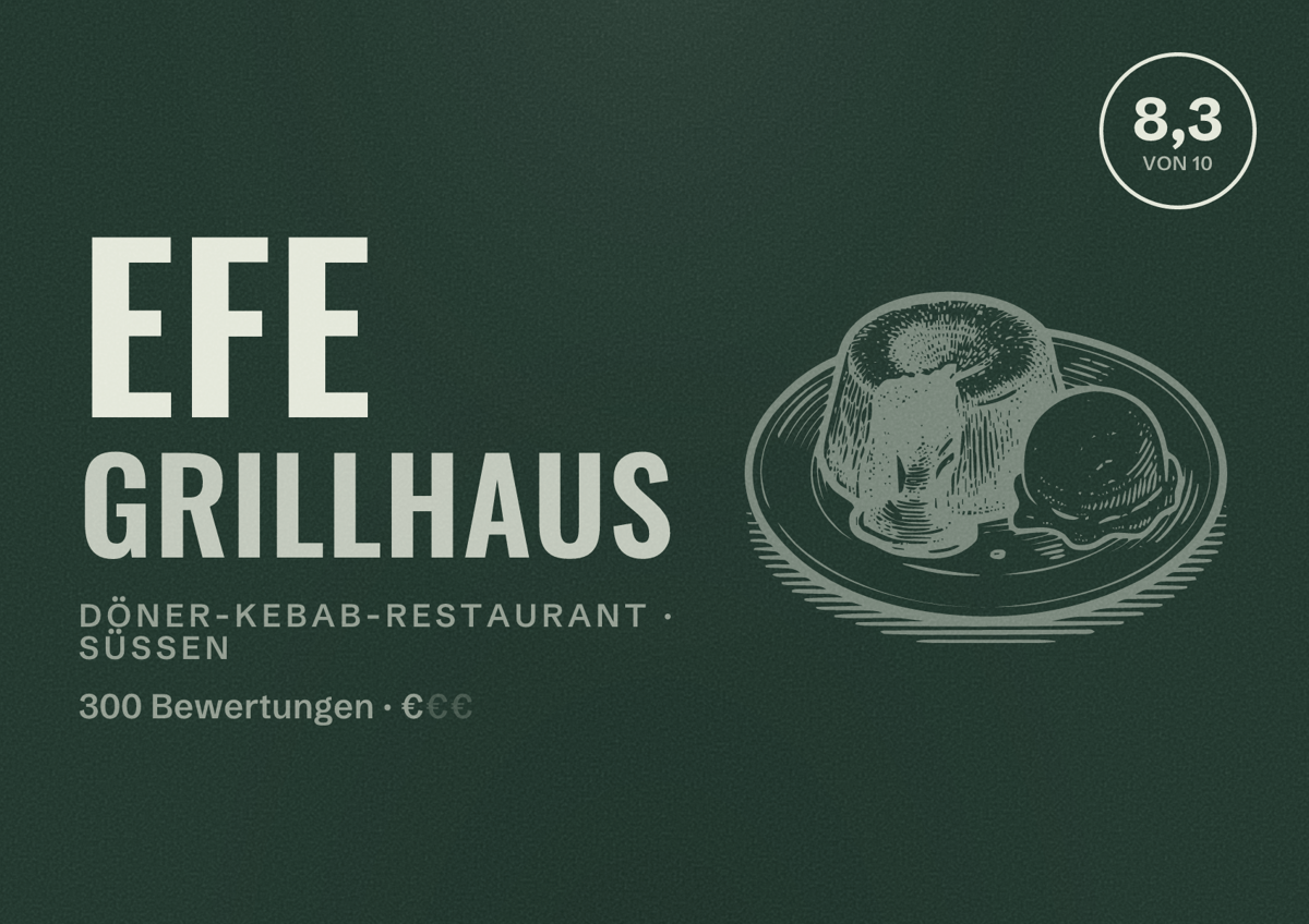 Illustriertes Poster von Efe Grillhaus, Döner-Kebab-Restaurant in Süßen: Bewertung 8,3 von 10 aus 300 Bewertungen, Preisniveau €