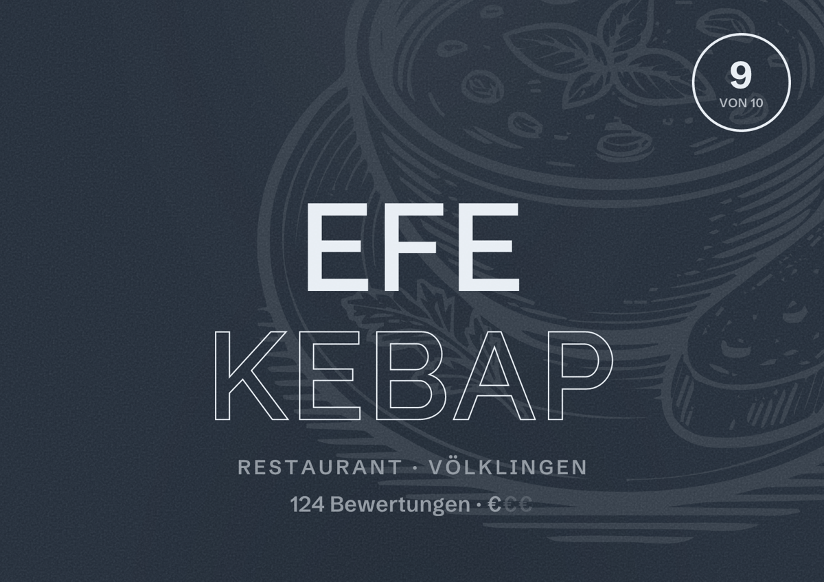 Illustriertes Poster von Efe kebap, Restaurant in Völklingen: Bewertung 9 von 10 aus 124 Bewertungen, Preisniveau €