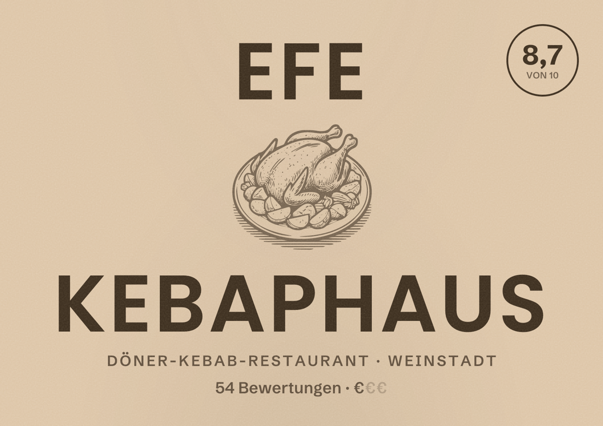 Illustriertes Poster von EFE KEBAPHAUS, Döner-Kebab-Restaurant in Weinstadt: Bewertung 8,7 von 10 aus 54 Bewertungen, Preisniveau €
