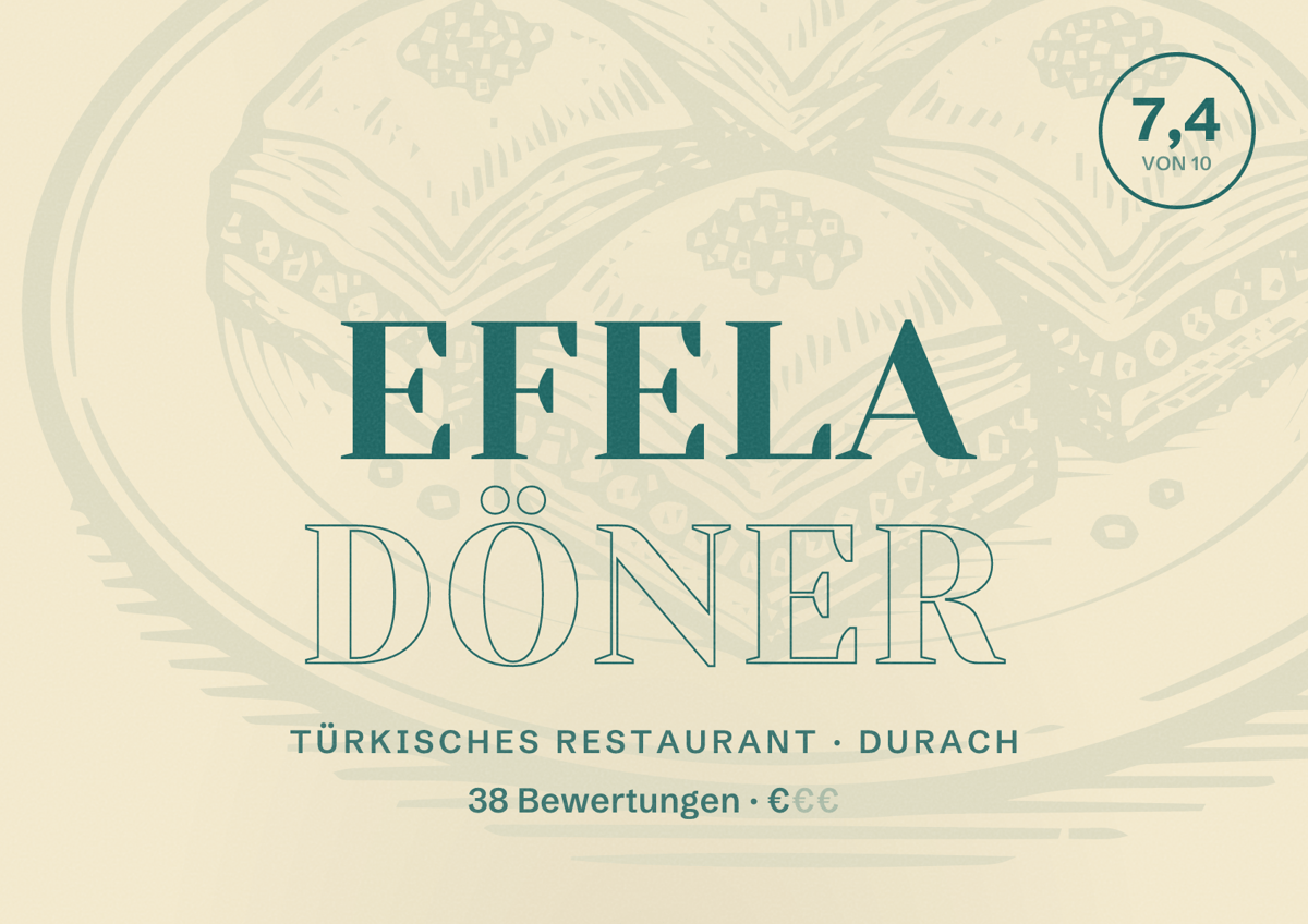 Illustriertes Poster von Efela Döner, Türkisches Restaurant in Durach: Bewertung 7,4 von 10 aus 38 Bewertungen, Preisniveau €