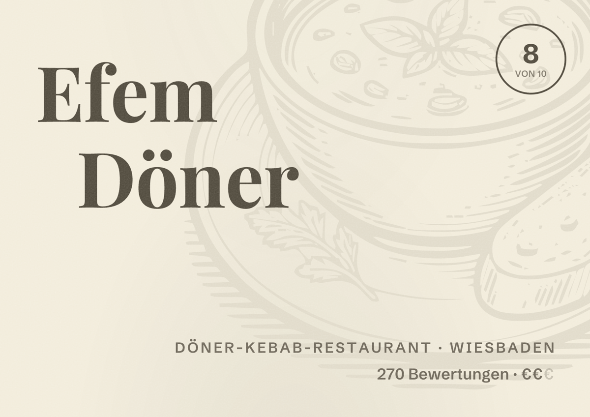 Illustriertes Poster von Efem Döner, Döner-Kebab-Restaurant in Wiesbaden: Bewertung 8,0 von 10 aus 270 Bewertungen, Preisniveau €€