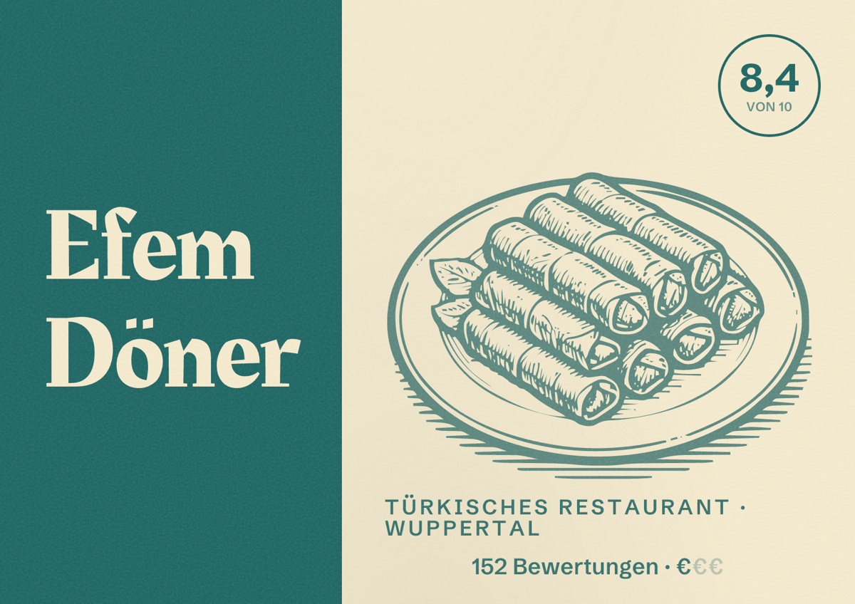 Illustriertes Poster von Efem Döner, Türkisches Restaurant in Wuppertal: Bewertung 8,4 von 10 aus 152 Bewertungen, Preisniveau €