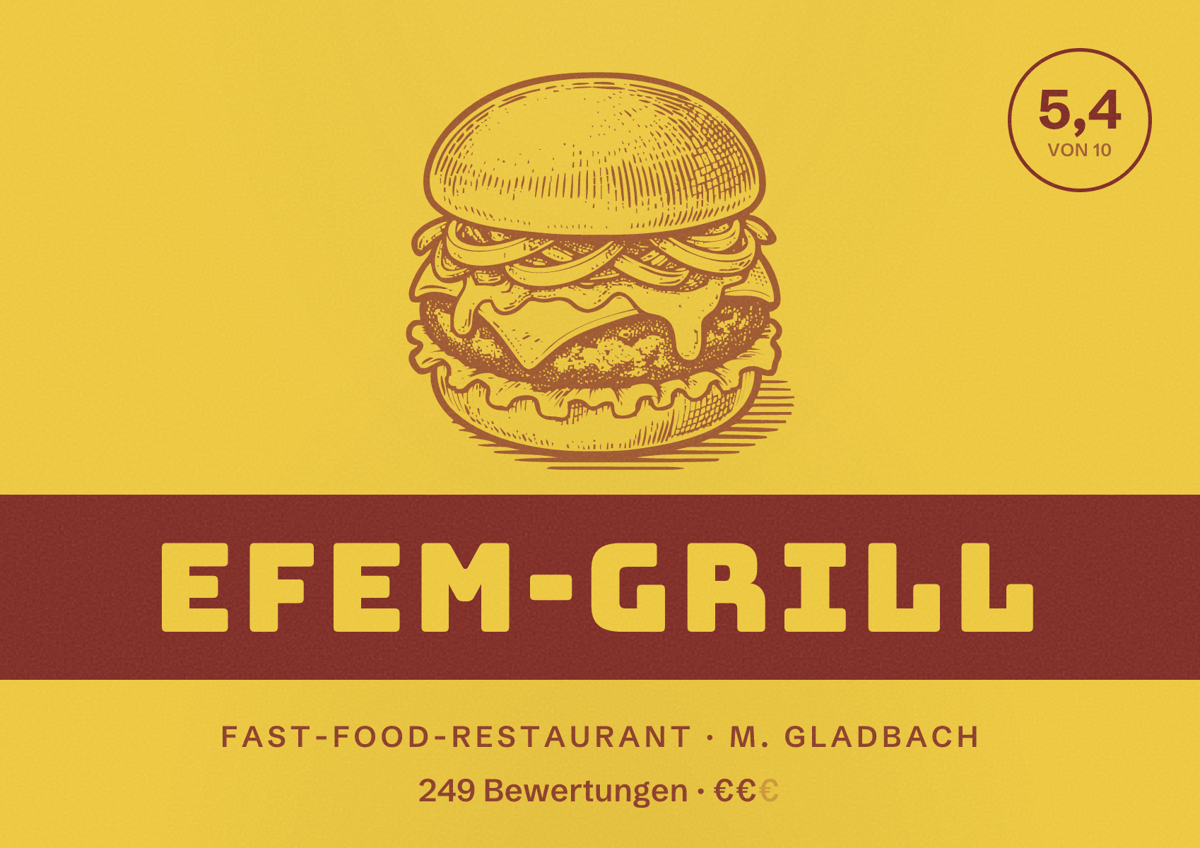 Illustriertes Poster von Efem-Grill, Fast-Food-Restaurant in M. Gladbach: Bewertung 5,4 von 10 aus 249 Bewertungen, Preisniveau €€