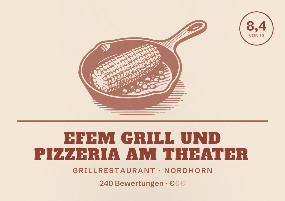 Illustriertes Poster von EFEm Grill und Pizzeria am Theater, Grillrestaurant in Nordhorn: Bewertung 8,4 von 10 aus 240 Bewertungen, Preisniveau €