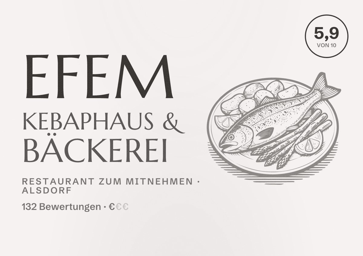 Illustriertes Poster von Efem Kebaphaus & Bäckerei, Restaurant zum Mitnehmen in Alsdorf: Bewertung 5,9 von 10 aus 132 Bewertungen, Preisniveau €