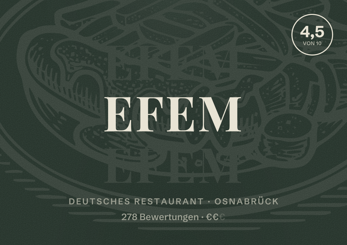 Illustriertes Poster von Efem, Deutsches Restaurant in Osnabrück: Bewertung 4,5 von 10 aus 278 Bewertungen, Preisniveau €€