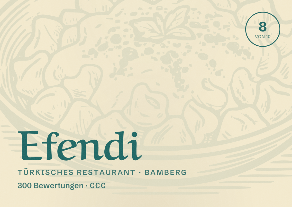 Illustriertes Poster von Efendi, Türkisches Restaurant in Bamberg: Bewertung 8 von 10 aus 300 Bewertungen, Preisniveau €€€