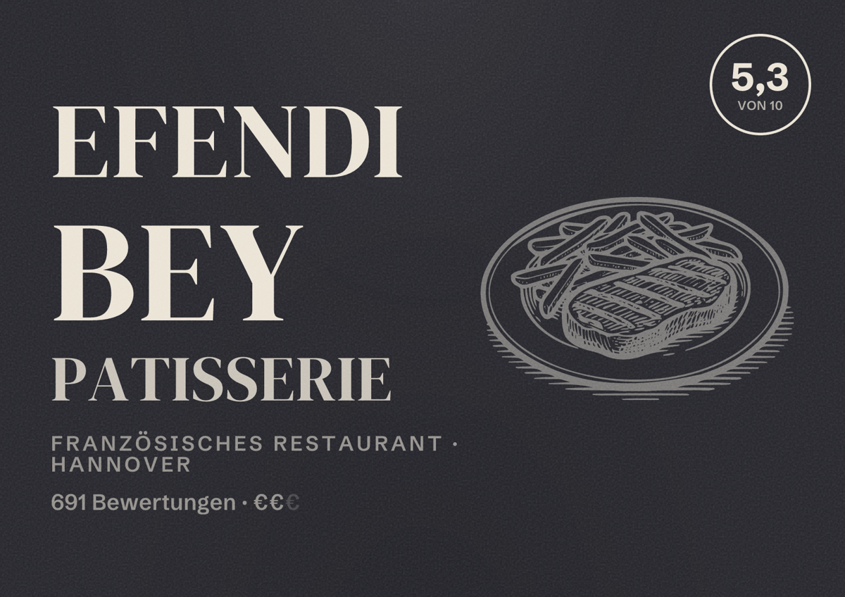 Illustriertes Poster von Efendi Bey Patisserie, Französisches Restaurant in Hannover: Bewertung 5,3 von 10 aus 691 Bewertungen, Preisniveau €€