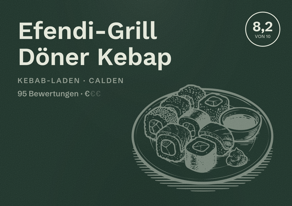 Illustriertes Poster von Efendi-Grill Döner Kebap, Kebab-Laden in Calden: Bewertung 8,2 von 10 aus 95 Bewertungen, Preisniveau €