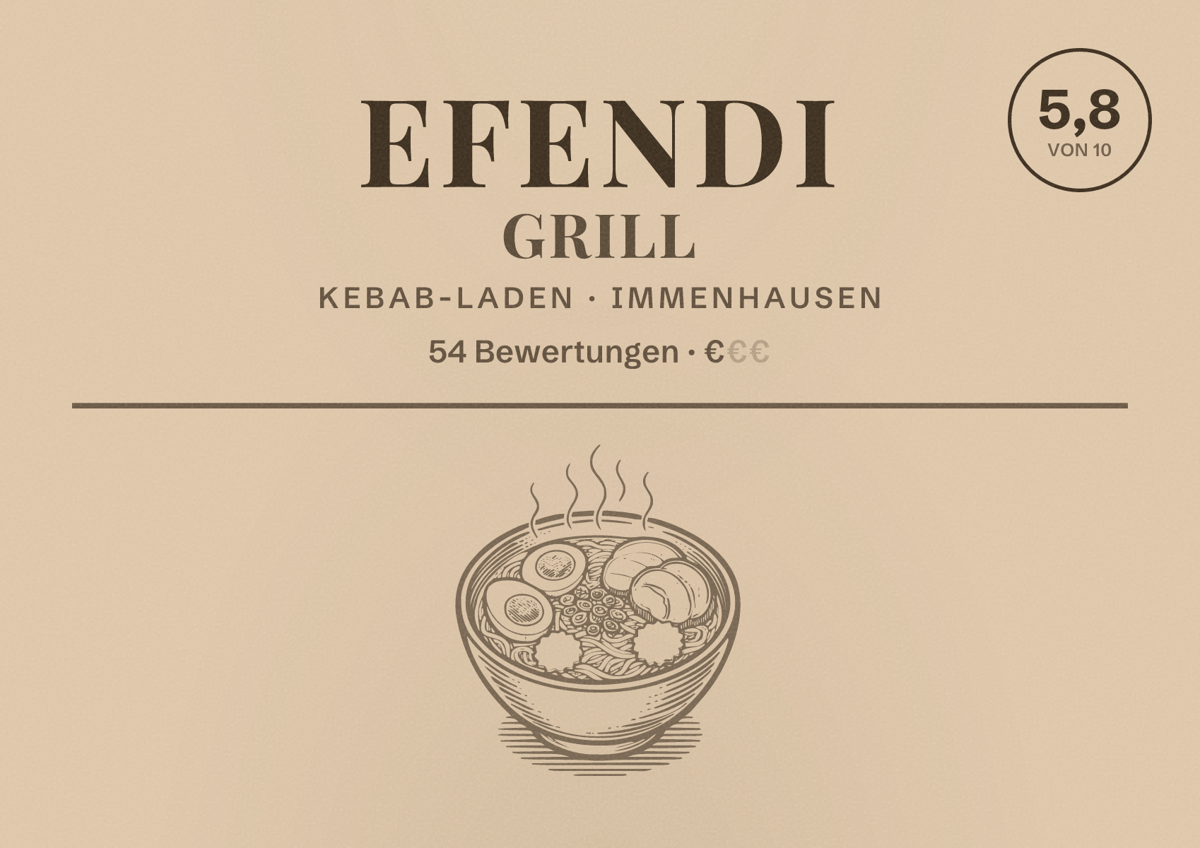 Illustriertes Poster von Efendi Grill, Kebab-Laden in Immenhausen: Bewertung 5,8 von 10 aus 54 Bewertungen, Preisniveau €