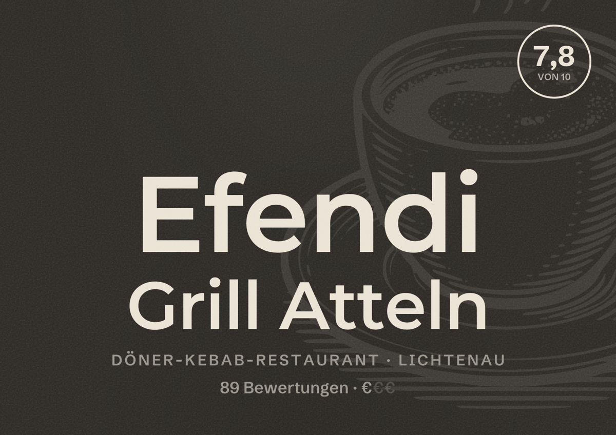 Illustriertes Poster von Efendi Grill Atteln, Döner-Kebab-Restaurant in Lichtenau: Bewertung 7,8 von 10 aus 89 Bewertungen, Preisniveau €