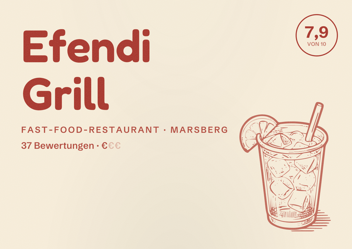 Illustriertes Poster von Efendi Grill, Fast-Food-Restaurant in Marsberg: Bewertung 7,9 von 10 aus 37 Bewertungen, Preisniveau €
