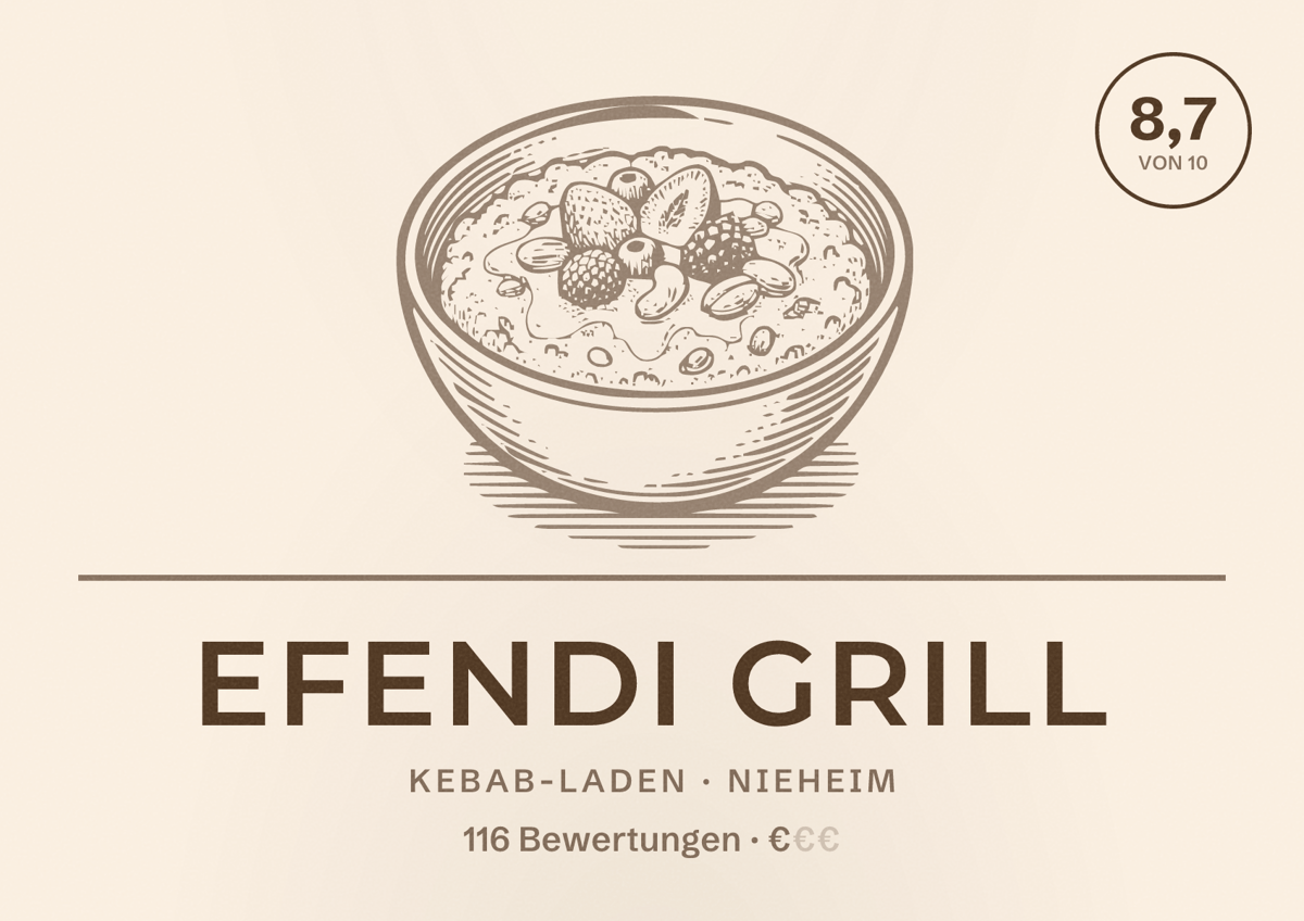 Illustriertes Poster von Efendi Grill, Kebab-Laden in Nieheim: Bewertung 8,7 von 10 aus 116 Bewertungen, Preisniveau €