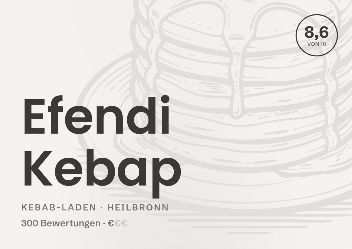 Illustriertes Poster von Efendi Kebap, Kebab-Laden in Heilbronn: Bewertung 8,6 von 10 aus 300 Bewertungen, Preisniveau €