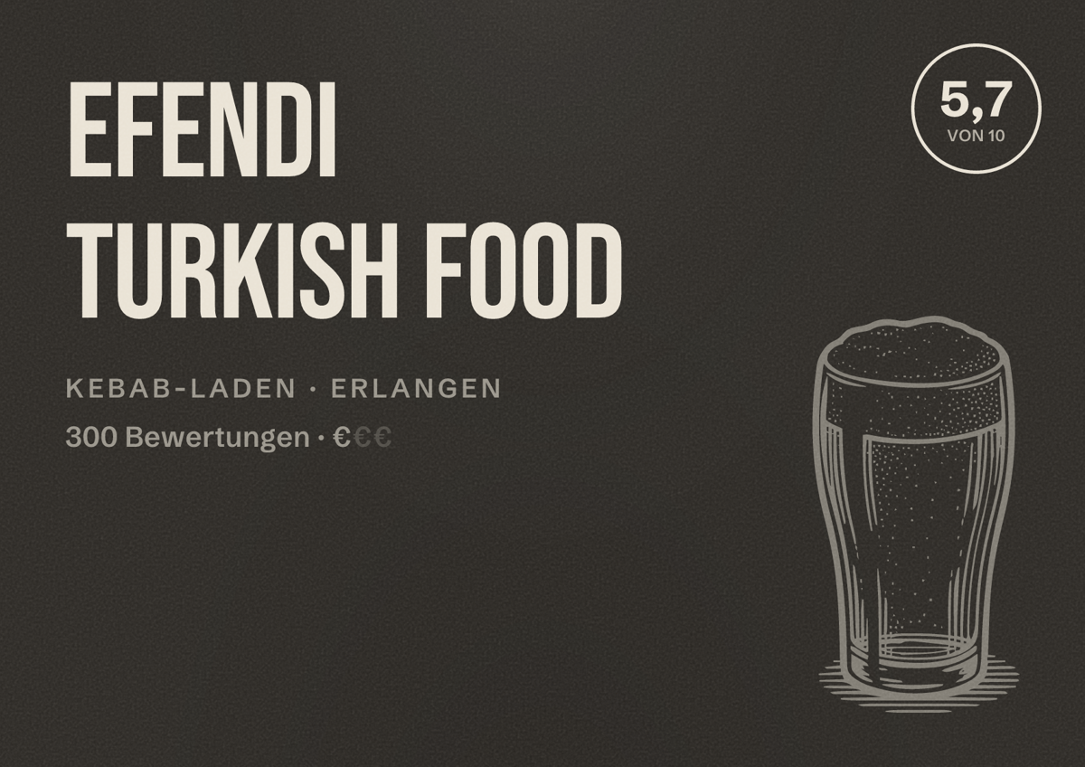 Illustriertes Poster von Efendi Turkish Food, Kebab-Laden in Erlangen: Bewertung 5,7 von 10 aus 300 Bewertungen, Preisniveau €