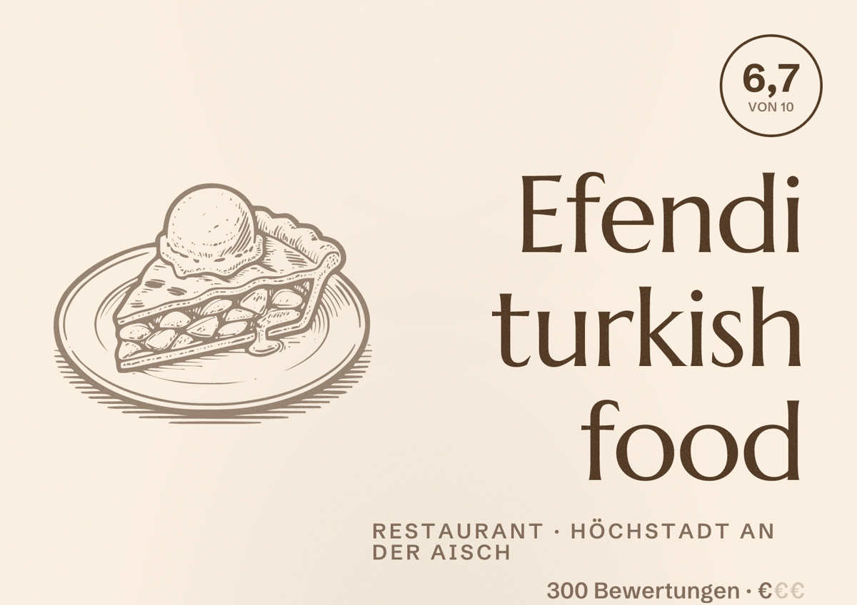 Illustriertes Poster von Efendi turkish food, Restaurant in Höchstadt an der Aisch: Bewertung 6,7 von 10 aus 300 Bewertungen, Preisniveau €