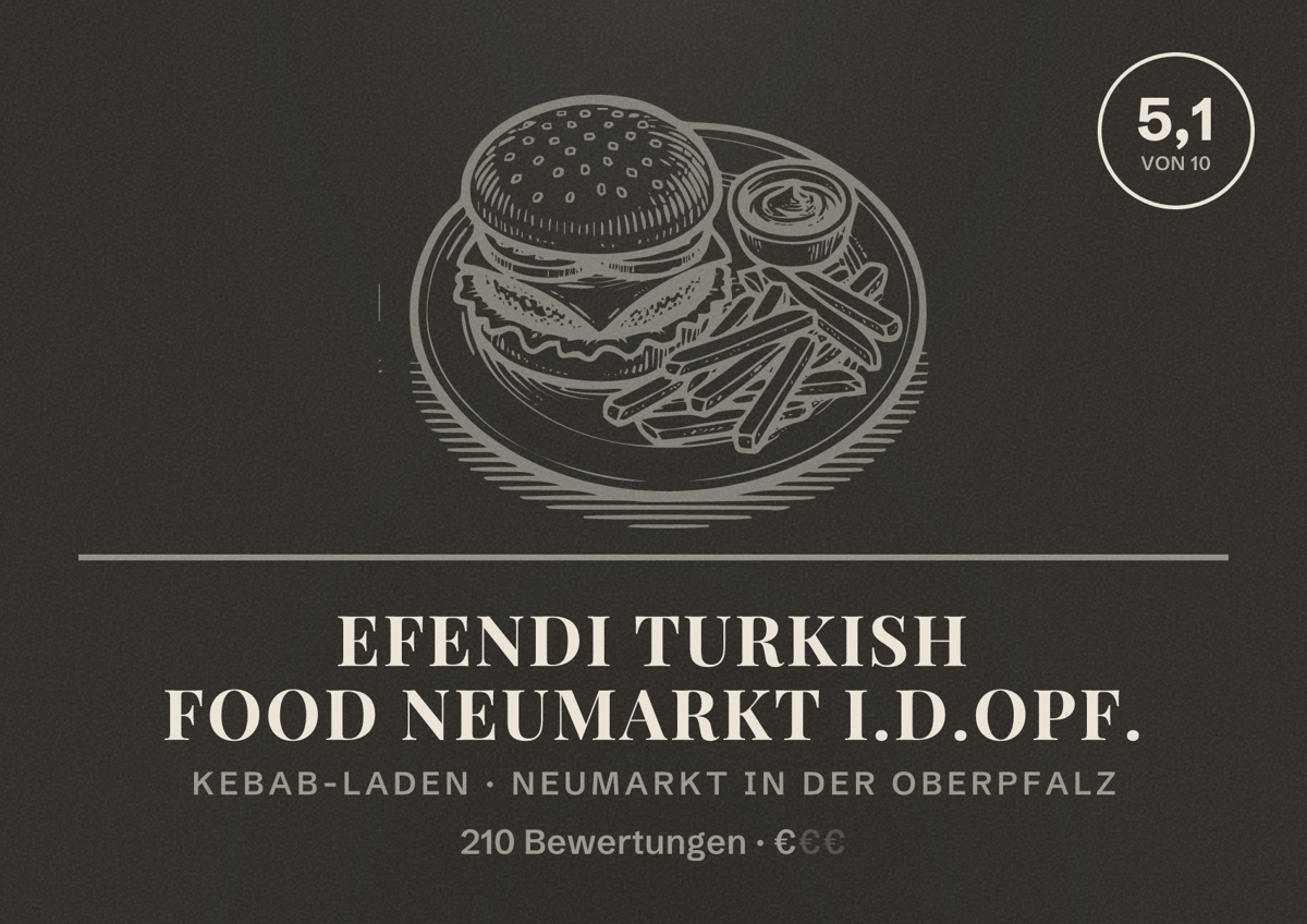 Illustriertes Poster von Efendi Turkish Food Neumarkt i.d.OPf., Kebab-Laden in Neumarkt in der Oberpfalz: Bewertung 5,1 von 10 aus 210 Bewertungen, Preisniveau €