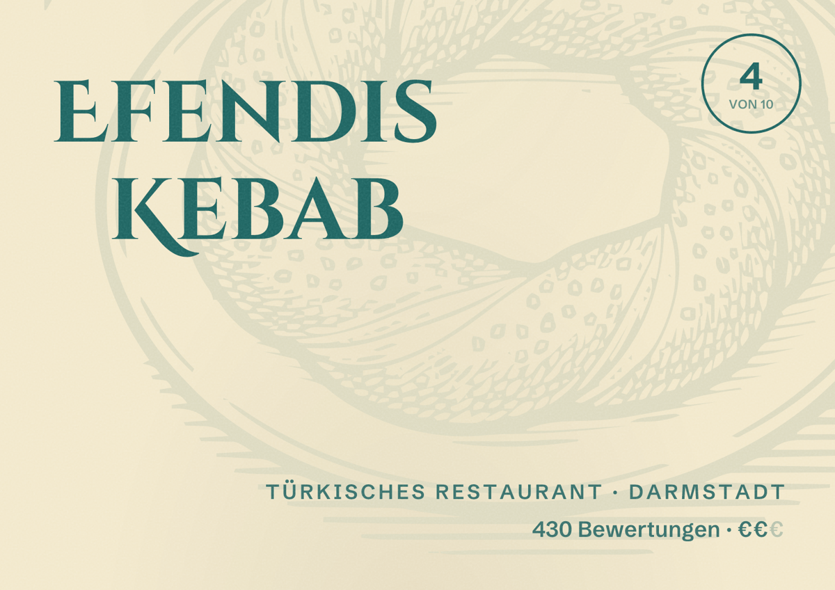 Illustriertes Poster von Efendis Kebab, Türkisches Restaurant in Darmstadt: Bewertung 4,0 von 10 aus 430 Bewertungen, Preisniveau €€