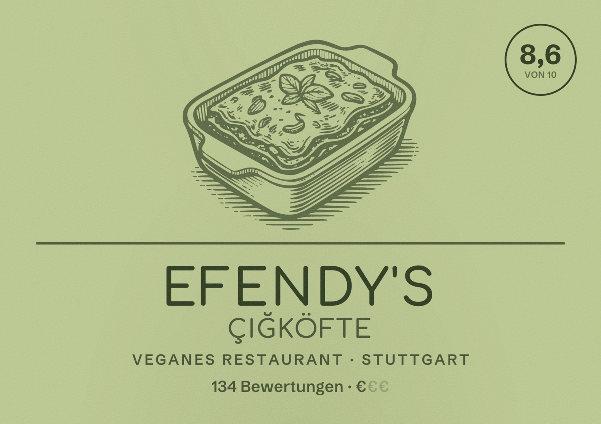 Illustriertes Poster von Efendy's Çiğköfte, Veganes Restaurant in Stuttgart: Bewertung 8,6 von 10 aus 134 Bewertungen, Preisniveau €
