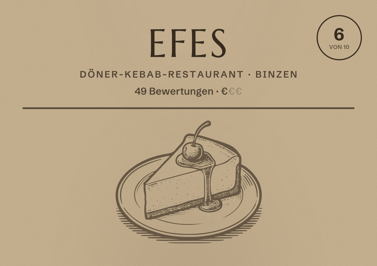 Illustriertes Poster von Efes, Döner-Kebab-Restaurant in Binzen: Bewertung 6 von 10 aus 49 Bewertungen, Preisniveau €