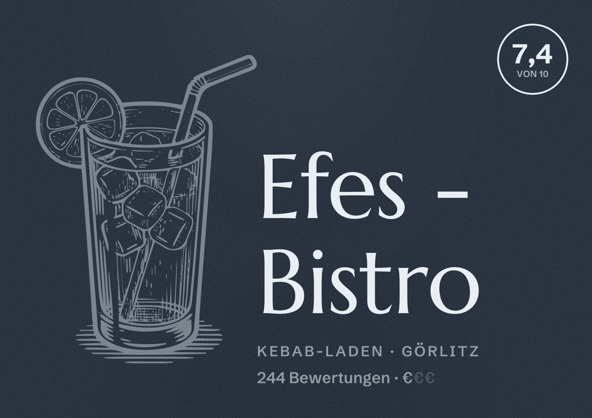 Illustriertes Poster von Efes - Bistro, Kebab-Laden in Görlitz: Bewertung 7,4 von 10 aus 244 Bewertungen, Preisniveau €