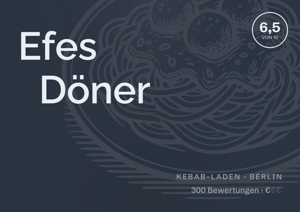 Illustriertes Poster von Efes Döner, Kebab-Laden in Berlin: Bewertung 6,5 von 10 aus 300 Bewertungen, Preisniveau €