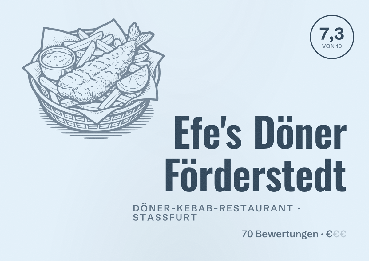 Illustriertes Poster von Efe's Döner Förderstedt, Döner-Kebab-Restaurant in Staßfurt: Bewertung 7,3 von 10 aus 70 Bewertungen, Preisniveau €