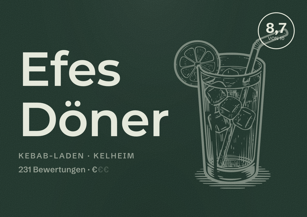 Illustriertes Poster von Efes Döner, Kebab-Laden in Kelheim: Bewertung 8,7 von 10 aus 231 Bewertungen, Preisniveau €