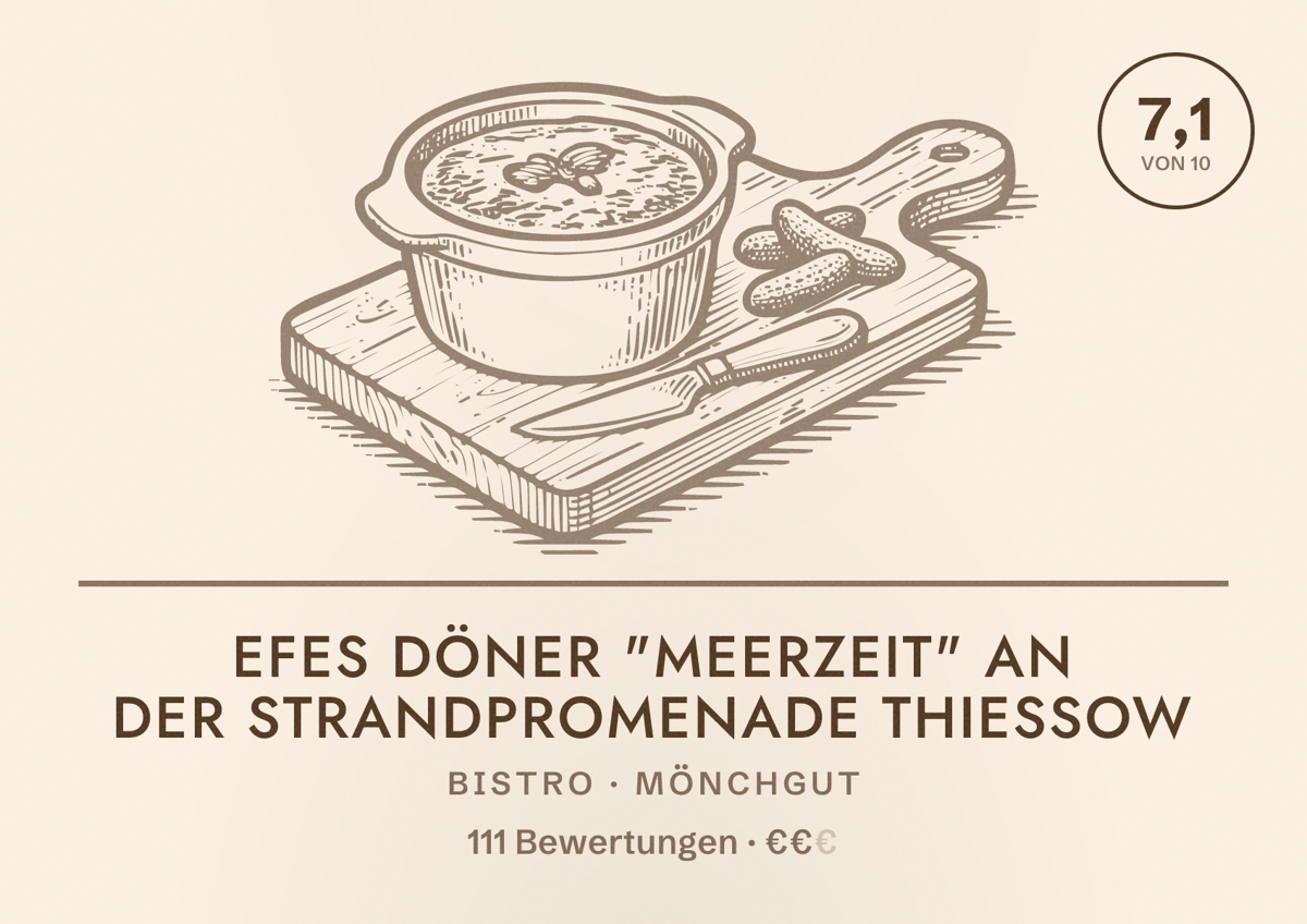 Illustriertes Poster von EFES Döner "Meerzeit" an der Strandpromenade Thiessow, Bistro in Mönchgut: Bewertung 7,1 von 10 aus 111 Bewertungen, Preisniveau €€